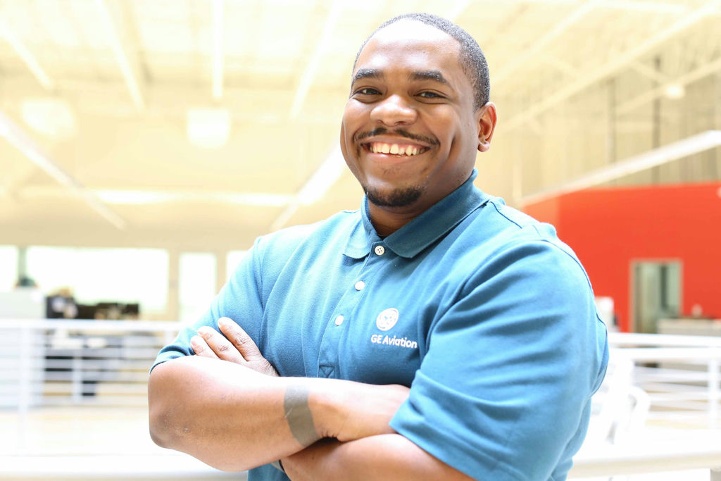 “The beauty and the value of additive manufacturing comes in the flexibility of design and the speed of innovation,” says Antroine Townes, site leader for GE Aviation’s Additive Technology Center. Image credit: Alex Schroff for GE Reports.